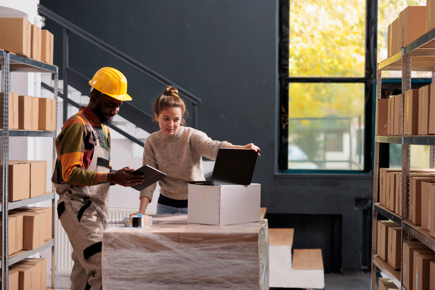 mand med hard hat og kvinde kigger på skærm